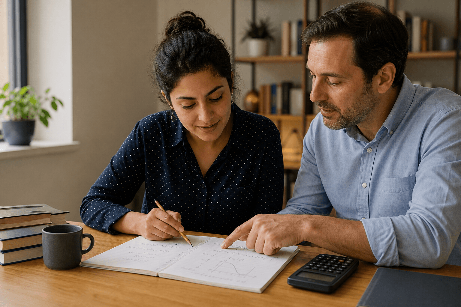 Estudiante adulta recibiendo tutoría focalizada de matemáticas con ecuaciones, un gráfico, cuaderno y calculadora.