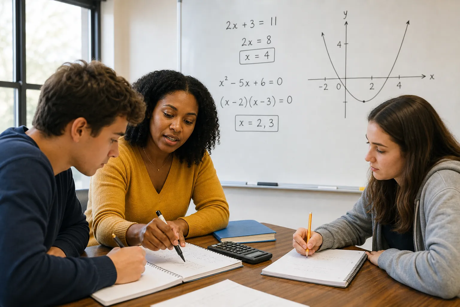 Tutora y estudiantes trabajando álgebra en un salón de clases, con ecuaciones en la pizarra.