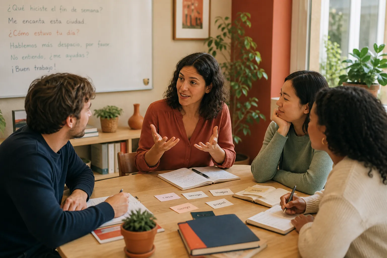 Personas adultas conversando en un aula de idiomas.