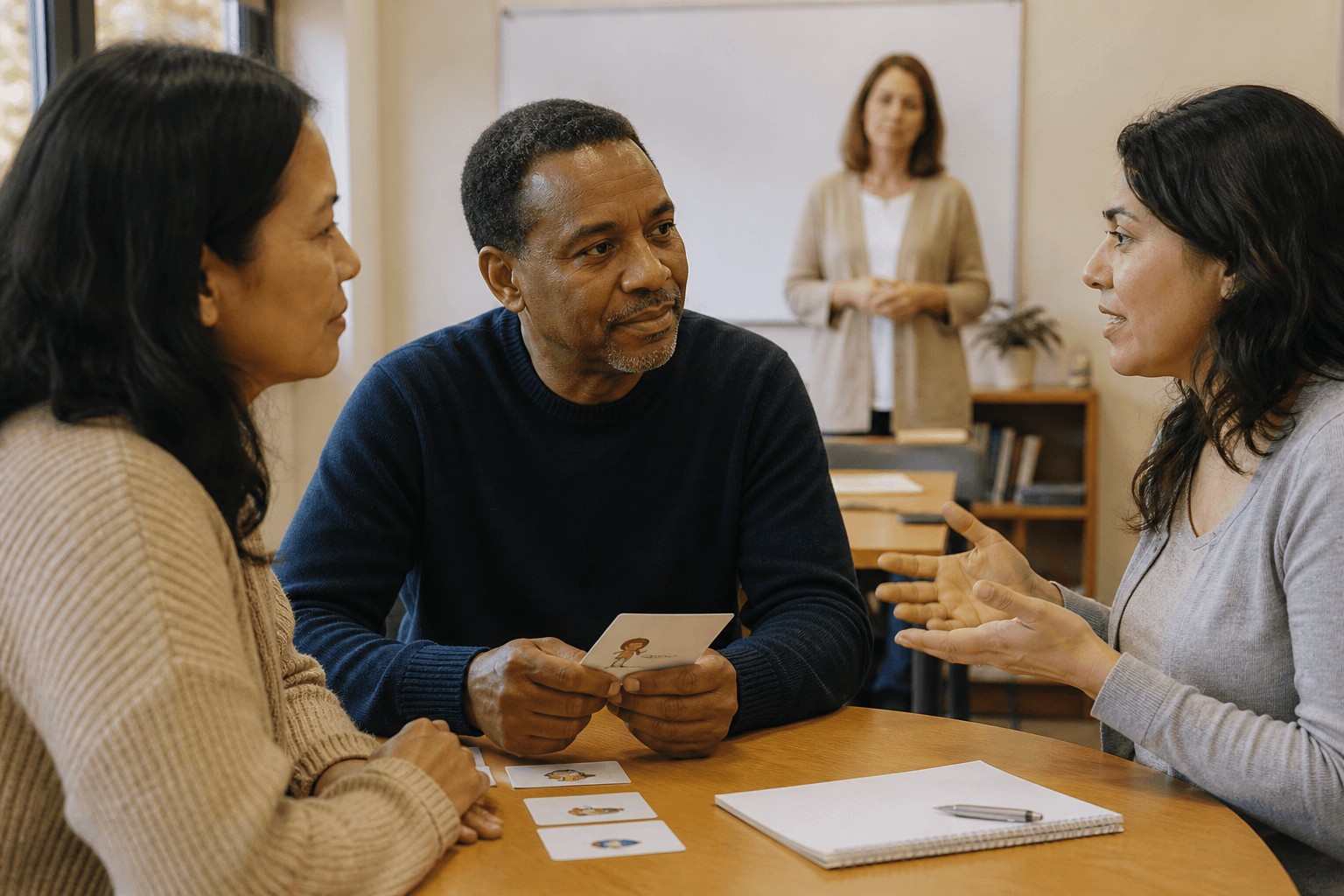 Adultos practicando una conversación guiada en una clase de inglés.