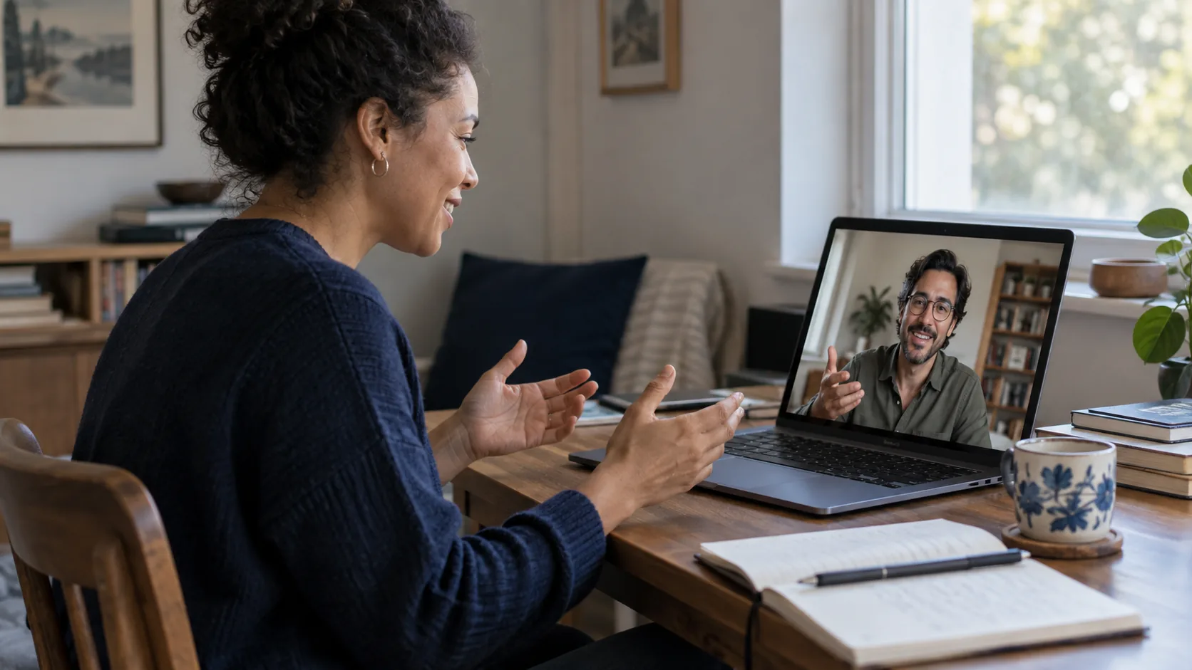 Estudiante adulta conversando por videollamada con una instructora desde su computadora.