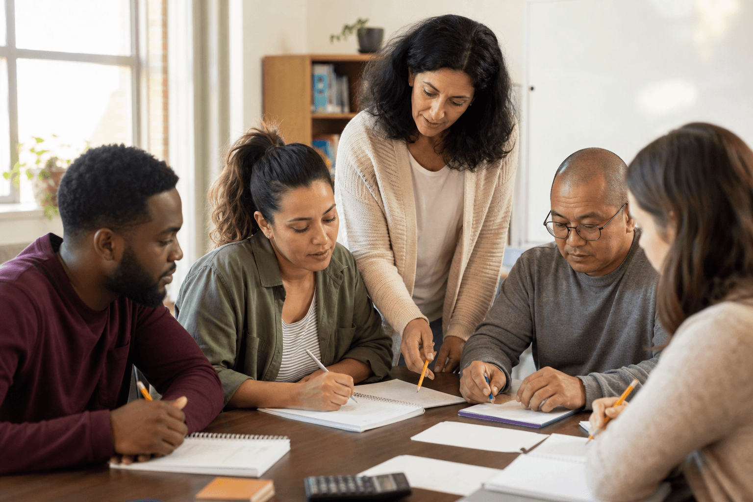 Personas adultas trabajando con una instructora durante una sesión de preparación académica para el GED.