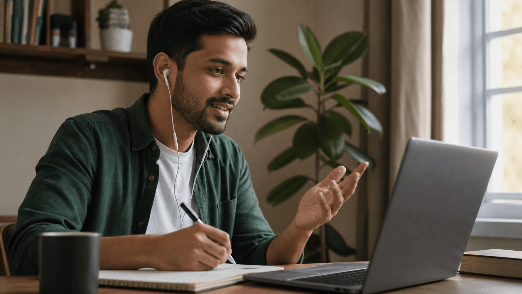 Estudiante adulta practicando inglés online mientras toma notas.